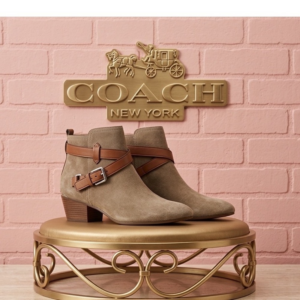 🔥Coach🤎🩷🤎 Suede Ankle Boots Tan Brown Leather Buckle‎ Strap Booties 8.5 B